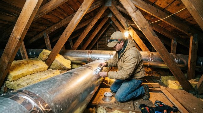 Technician repairing hvac ductwork in residential attic