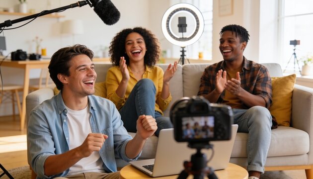 Laughing three creators wearing denim, mustard blouse, plaid shirt clapping in home studio, DSLR