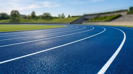 Fototapeta premium Running track, athletic field, blue lanes, sports infrastructure, outdoor stadium