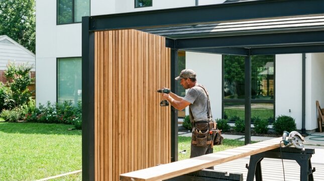 Construction worker installing wooden slats on a modern pergola