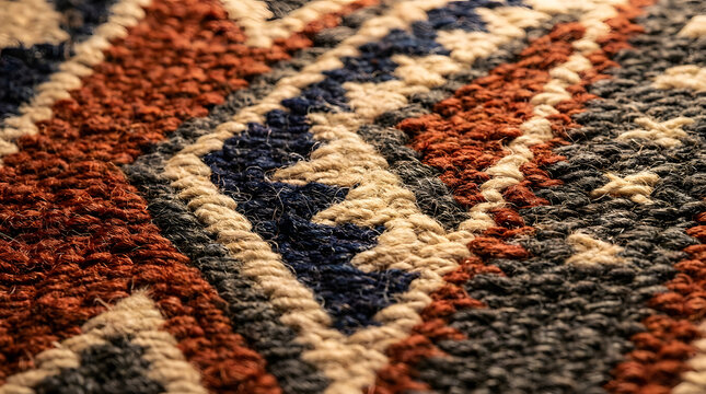 Close-up macro of hand-woven Mexican Zapotec wool rug with traditional diamond and zigzag pattern, Oaxacan craft