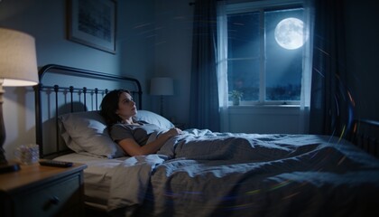 Fototapeta premium Lying woman in grey T-shirt, pajama bottoms on metal-framed bed, gazing at moonlit window with lamp