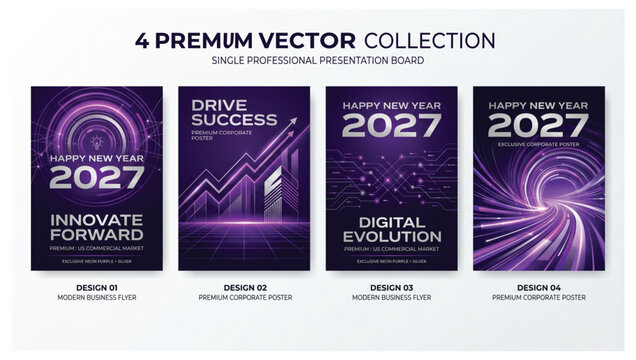 Set of 4 professional happy new year 2027 corporate presentation flyer templates with purple tech business themes corporate business template presentation innovation evolution abstract