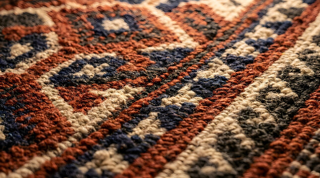 Close-up macro of hand-woven Mexican Zapotec wool rug with traditional diamond and zigzag pattern, Oaxacan craft