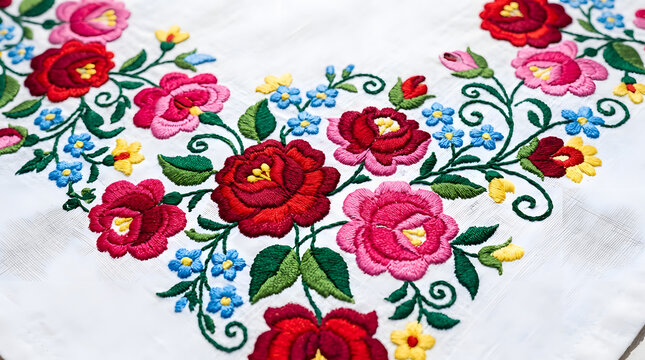Overhead macro of traditional hand-embroidered Hungarian Kalocsa floral pattern on white linen cloth, folk textile