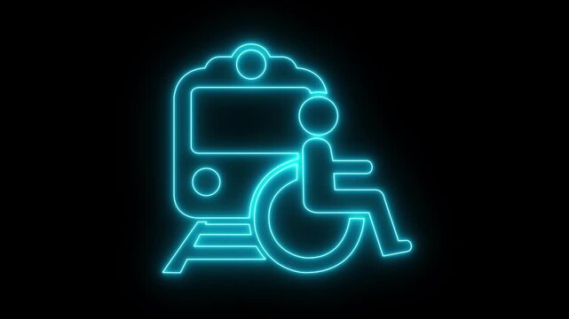 glowing neon Wheelchair Accessible public transport icon isolated on black background. featuring a train and a person in a wheelchair, symbolizing accessible public transportation and inclusive travel