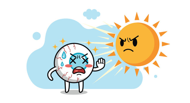 Bloodshot cartoon eyeball sweating and shielding itself from the intense ultraviolet rays of an angry personified sun.