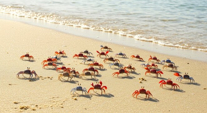 A multitude of colorful crabs scurry across a sun-drenched sandy beach near the ocean waves.