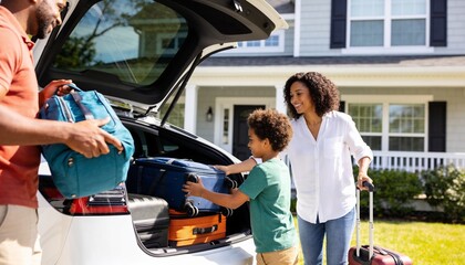Obraz premium Loading family of three packing luggage into driveway trunk, with navy roller and teal duffel