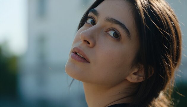 Turning head, woman in dark top looking over left shoulder near pale urban building and greenery