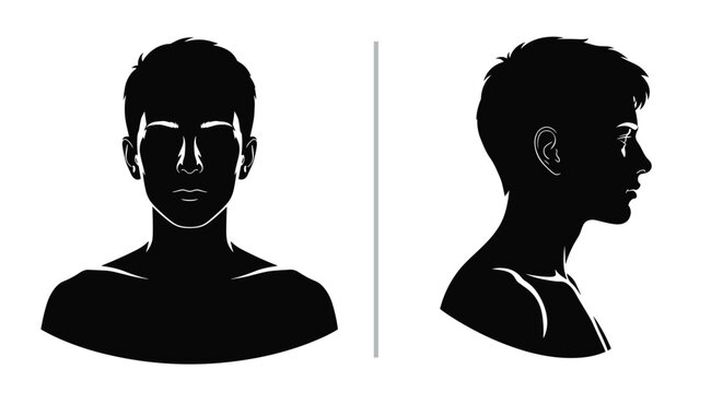 Black silhouette of a young man head and shoulders shown from both front and side profile views against a white background.