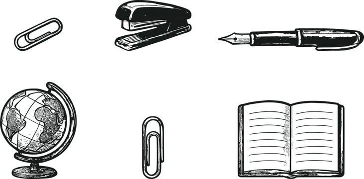 Office and school supplies vector illustration with paper clips, stapler, fountain pen, globe, and open book isolated
