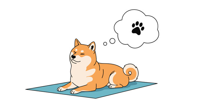 Calm Shiba Inu dog lying comfortably on a blue mat while thinking about a paw print inside a thought bubble on a white background.