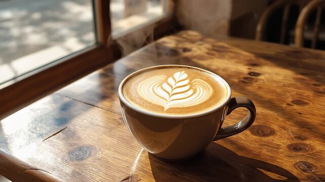 Steaming latte with art on a wooden table by the window.