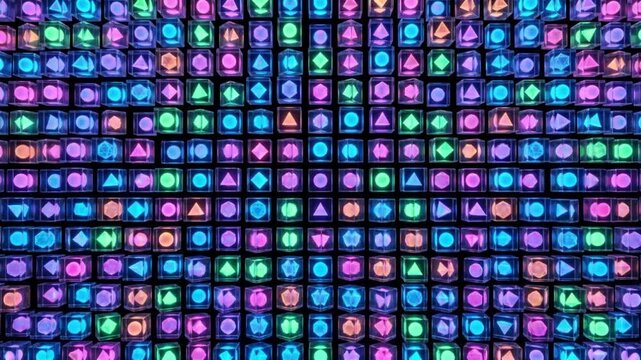 広大な空間からネオン光る透明キューブへカメラが急接近する抽象幾何学CG