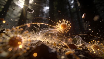Fototapeta premium Emitting golden light, glowing spherical particle drifting on forest floor with filament ribbons