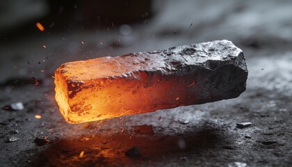 Fototapeta premium Heating metal billet sitting above sooty forge floor, emitting sparks and showing oxidized crust