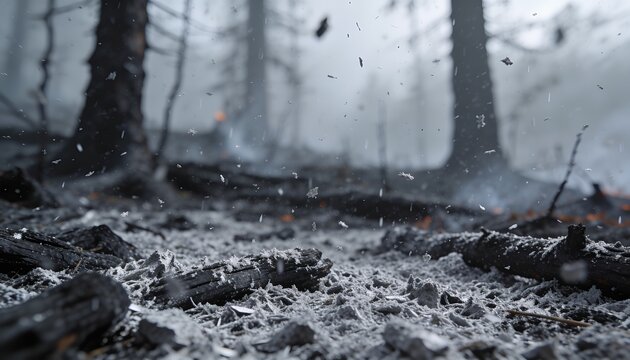 Smoldering charred log releasing thin smoke over ashen forest floor, with ash crystals