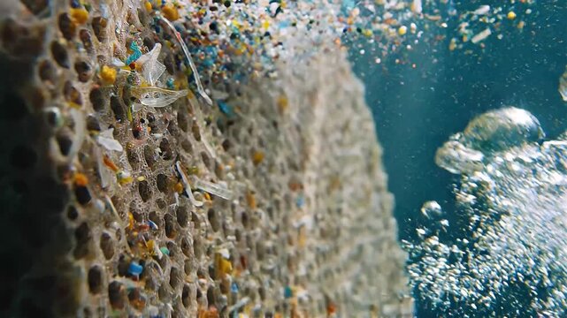 Underwater macro video showing tiny microplastic particles gradually being filtered by innovative natural materials inspired by marine ecosystem