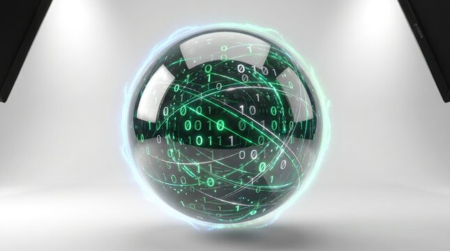 A glowing glass sphere filled with floating binary code data streams against a white background.