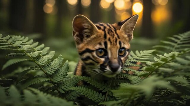 A small wild cat peeking from behind green ferns in a forest.