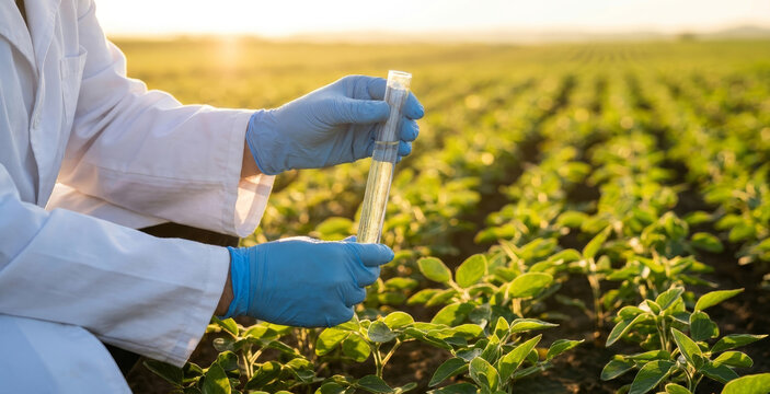 A scientist in a lab coat holds a test tube while examining crops in a field during sunset, blending agriculture with scientific research.