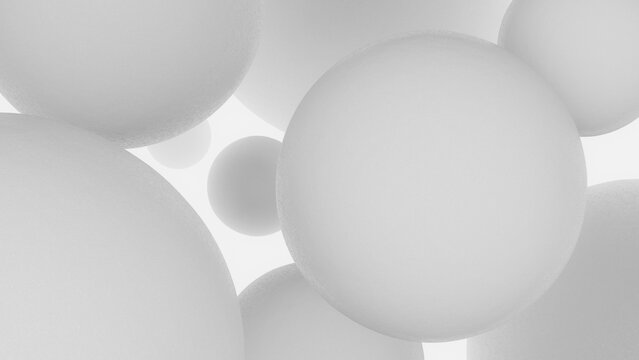 Abstract 3d render of matte white spheres in varying sizes, creating a minimalist and elegant white aesthetic. Fits for design projects, backgrounds, or artistic concepts.