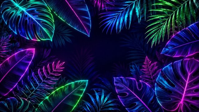 tropical leaf pattern background background with copy space, Neon Glow style