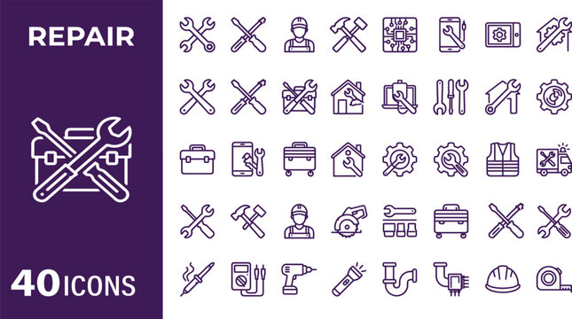 Repair service line icons set home maintenance, construction, tools outline