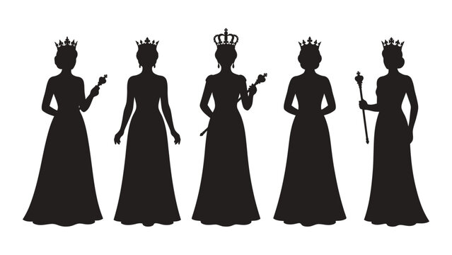 Black silhouettes of queen women in royal gowns with crowns