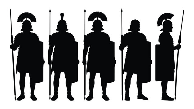 Black silhouettes of ancient roman soldiers with weapons