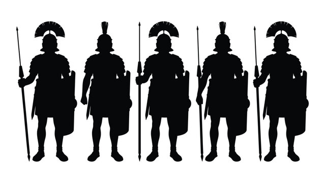 Black silhouettes of five ancient roman soldiers with helmets and spears