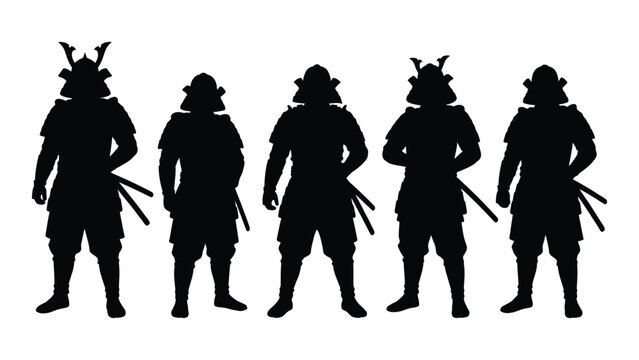 Silhouette samurai warriors standing in a row with swords