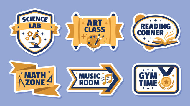 Educational school subject stickers set, 6 flat vector labels for science lab art class reading corner math zone music room and gym time, academic classroom signage and student badges