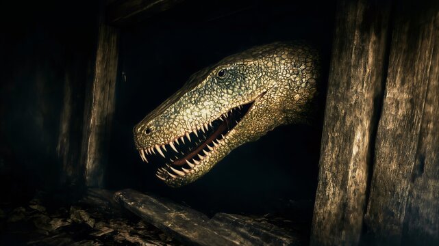 Dinosaur Head Emerging From Wooden Door Gap