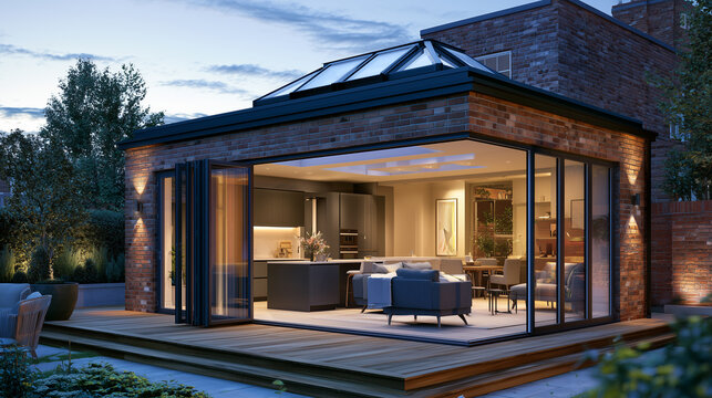 Modern luxury home extension with panoramic glass walls and open plan living space illuminated at dusk