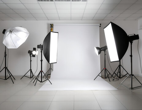 A professional photography studio setup is meticulously arranged with various lighting equipment against a seamless white backdrop, creating an ideal environment for capturing high-quality images.