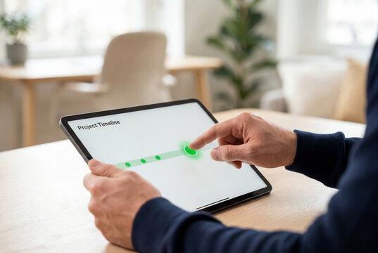 Man using finger on tablet screen showing project timeline