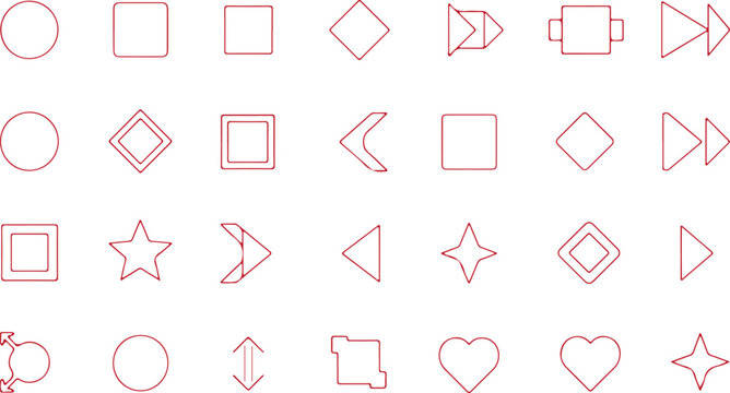 A clean collection of simple pink outline icons showcasing various basic geometric shapes, media player buttons, and user interface elements on white.