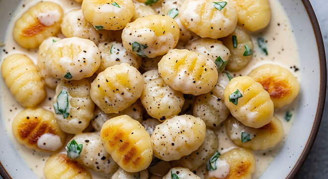 Gnocchi pasta sits in a rich creamy sauce seasoned with fresh herbs and cracked black pepper.