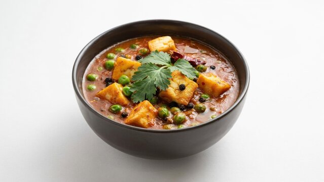 Bowl of matar paneer with fresh cilantro isolated on white background
