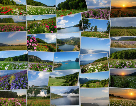 A vibrant collage showcases a diverse range of picturesque landscapes, featuring colorful flower fields, serene lakes, rolling hills, and stunning sunsets, capturing the beauty of nature.