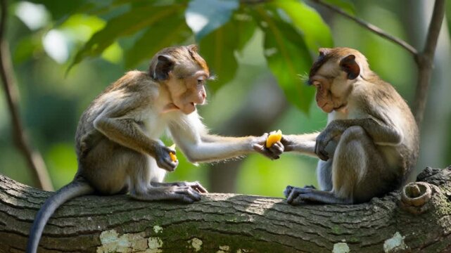 Young monkey eating fruit while sharing with another on a branch