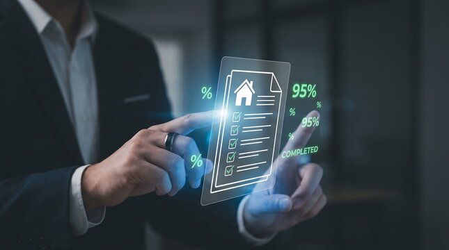 Businessman checking real estate property documents on a digital transparent screen showing ninety five percent completion status and mortgage progress icons