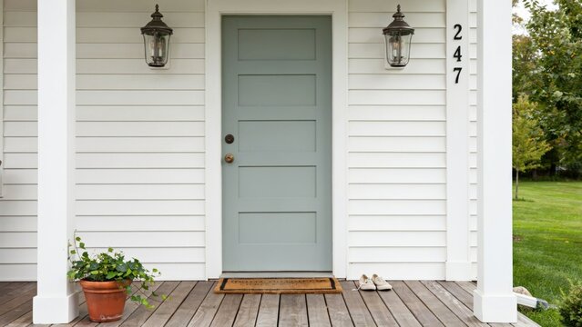 Front porch of a white house with a sage green door