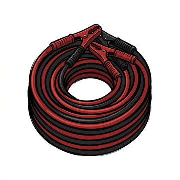 Coiled Jumper Cables with Red and Black Clamps.