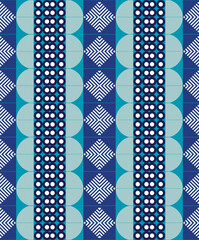 Vibrant geometric pattern featuring repeating circles, vertical stripes, and diamond grid motifs in blue tones.