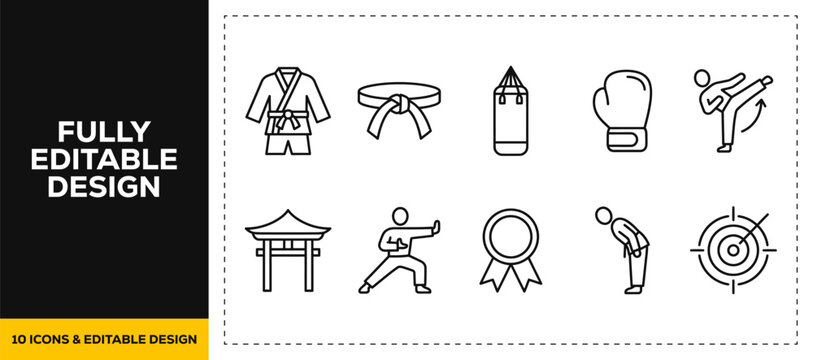 flat vector illustration line art icon bundle set design of martial arts karate judo boxing fighter ninja kick punch sport self defense competition belt uniform action ui