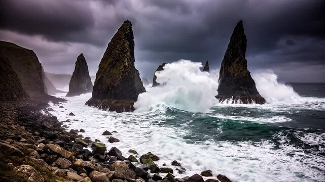 Waves crash against dramatic sea stacks under a stormy sky.