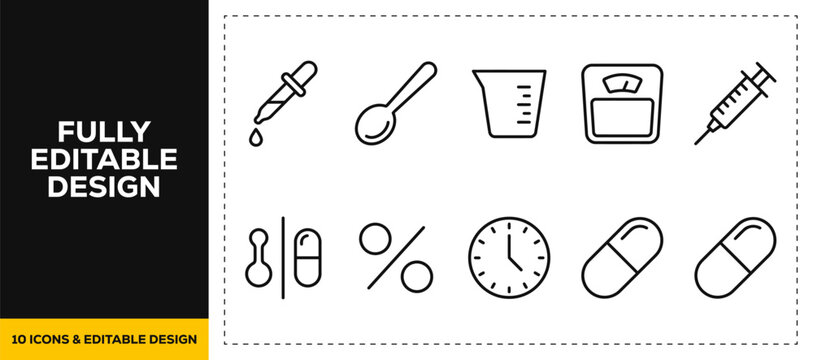 flat vector illustration line art icon bundle set design about chemistry tools laboratory glass beaker flask test tube pipette measuring cup scale science research biology